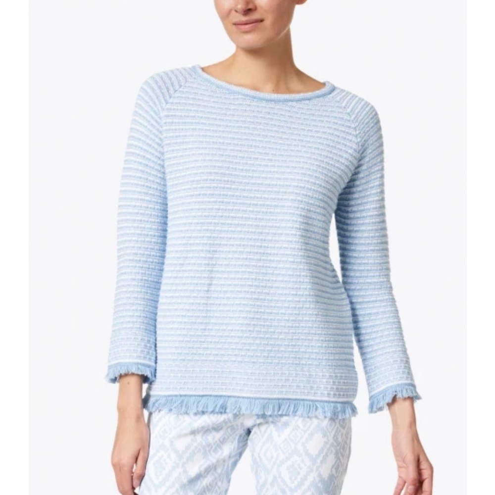 Kinross NWOT Iced aqua white sweater super soft 100% cotton fringe wrist hem LG - Picture 8 of 13